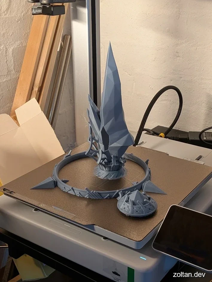 A freshly-printed prototype Aetheryte Crystal printied in grey PLA