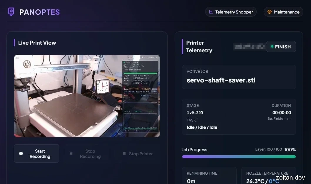 Panoptes software interface displaying a live print view and printer telemetry for a job named "servo-shaft-saver.stl," showing progress at 100% completion with no remaining time and nozzle temperature of 26.3°C/0°C, alongside control buttons to start or stop recording and printing.