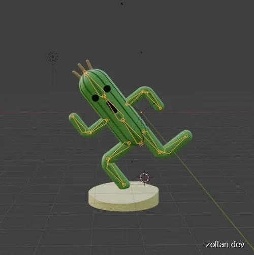 3D model of a Cactuar character with joints and lines indicating articulation points, displayed in Blender.