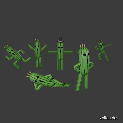 Six green Cactuar figurines in various poses and expressions against a dark background in Blender.