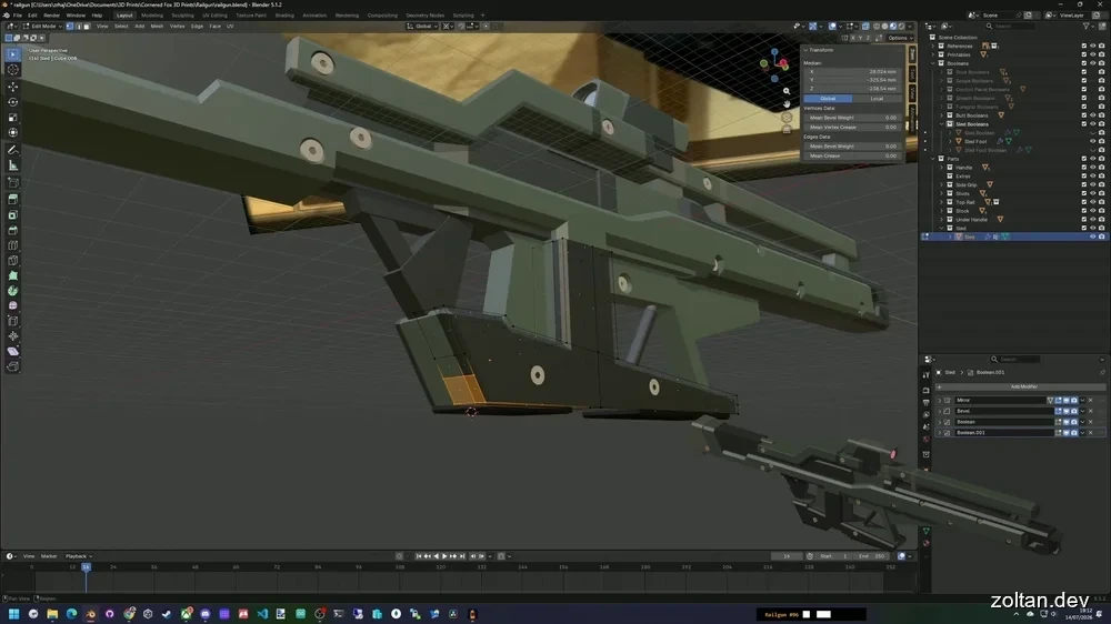 3D modeling software Blender showing an in-progress railgun model, with a spinning model superimposed on the lower-right corner of the image.