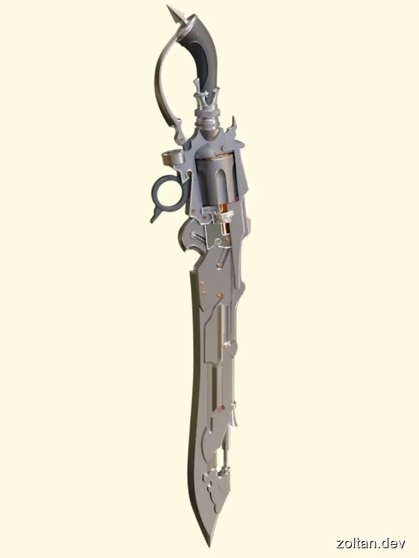 3D render of a Lionheart gunblade a beigewith intricate mechanical details and a curved handle.