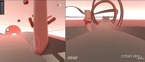 Two split-screen views from a video game; left shows a character in red and white colliding with a vertical pole, right displays "DEAD" indicating failure, with a circular ramp and abstract shapes in muted tones.