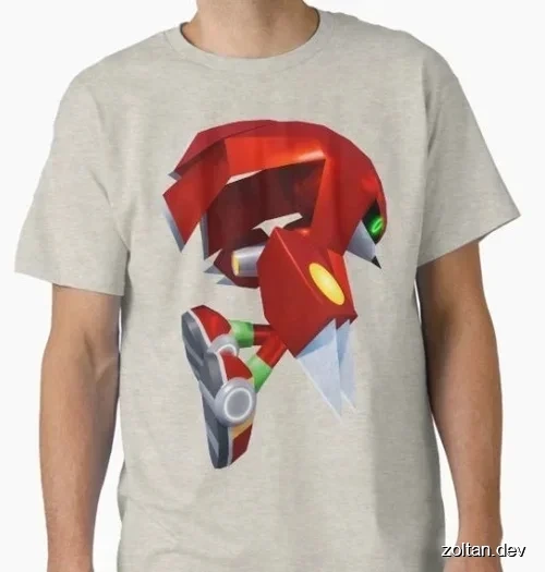 Man wearing a light gray t-shirt featuring a render of Metal Knuckles against a plain background.