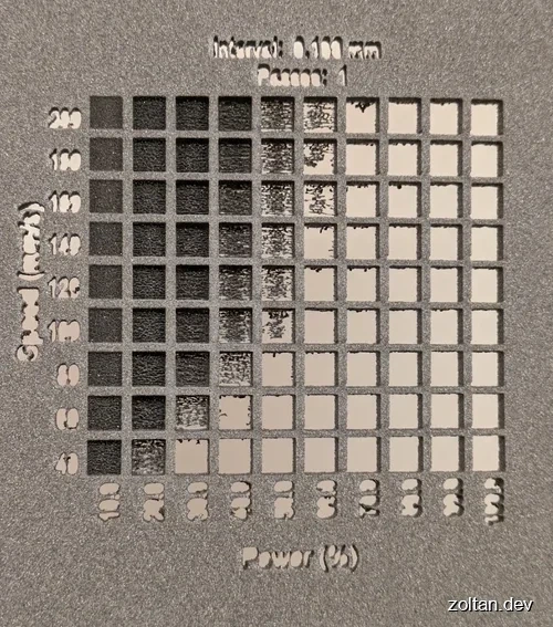 A piece of EVA foam, with test cuts from a lser cutter, showing different settings.
