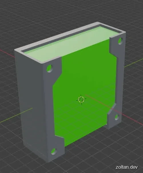 3D model of a rectangular enclosure with green interior and gray exterior, featuring four circular cutouts along edges.