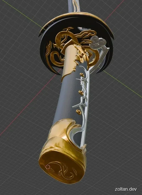 A detailed 3D render of a sword hilt featuring intricate gold and silver designs against a black background.