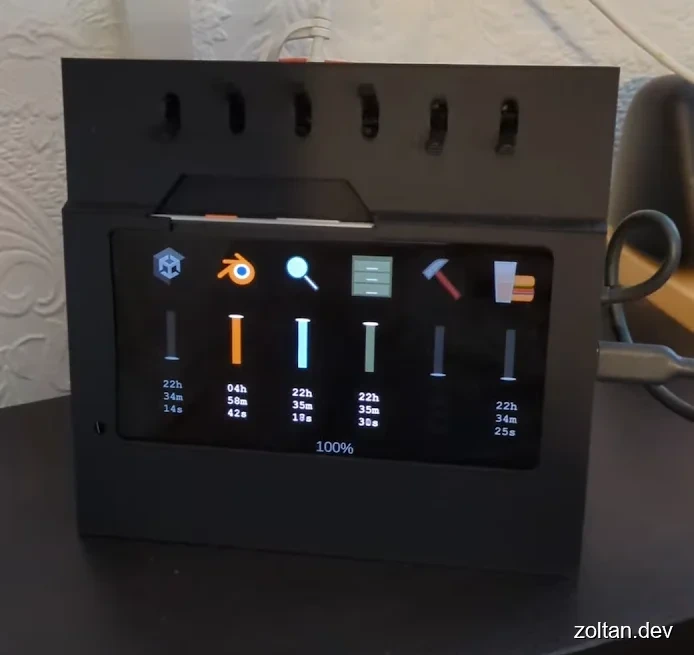 3D printed holder for a smartphone, with physical switches and showing various icons, time measurements and timers.