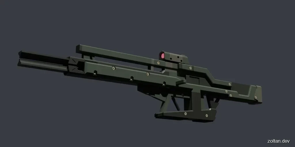 3D render of a futuristic weapon with a scope and mechanical design elements against a dark background.