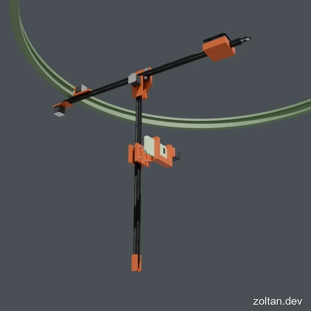 3D render of a mechanical camera rig with orange and black components against a dark background.