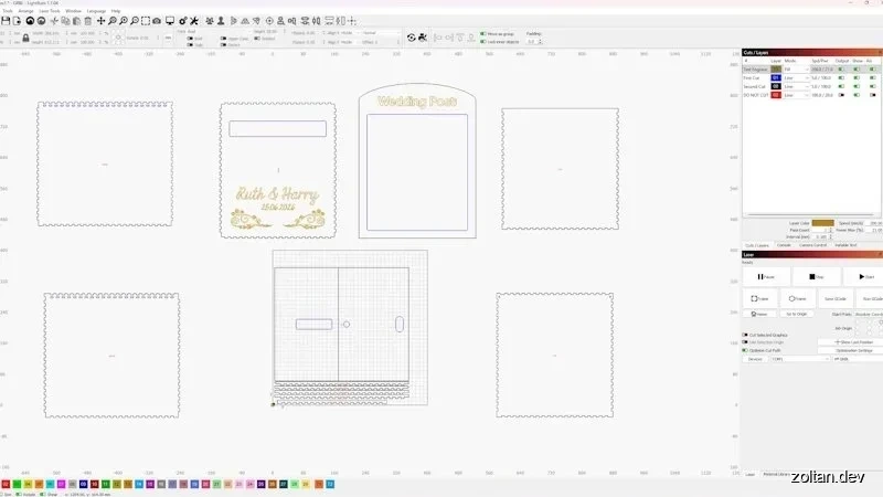 Digital design software interface displaying various templates and cut lines for crafting projects, including a "Wedding Post" card template.